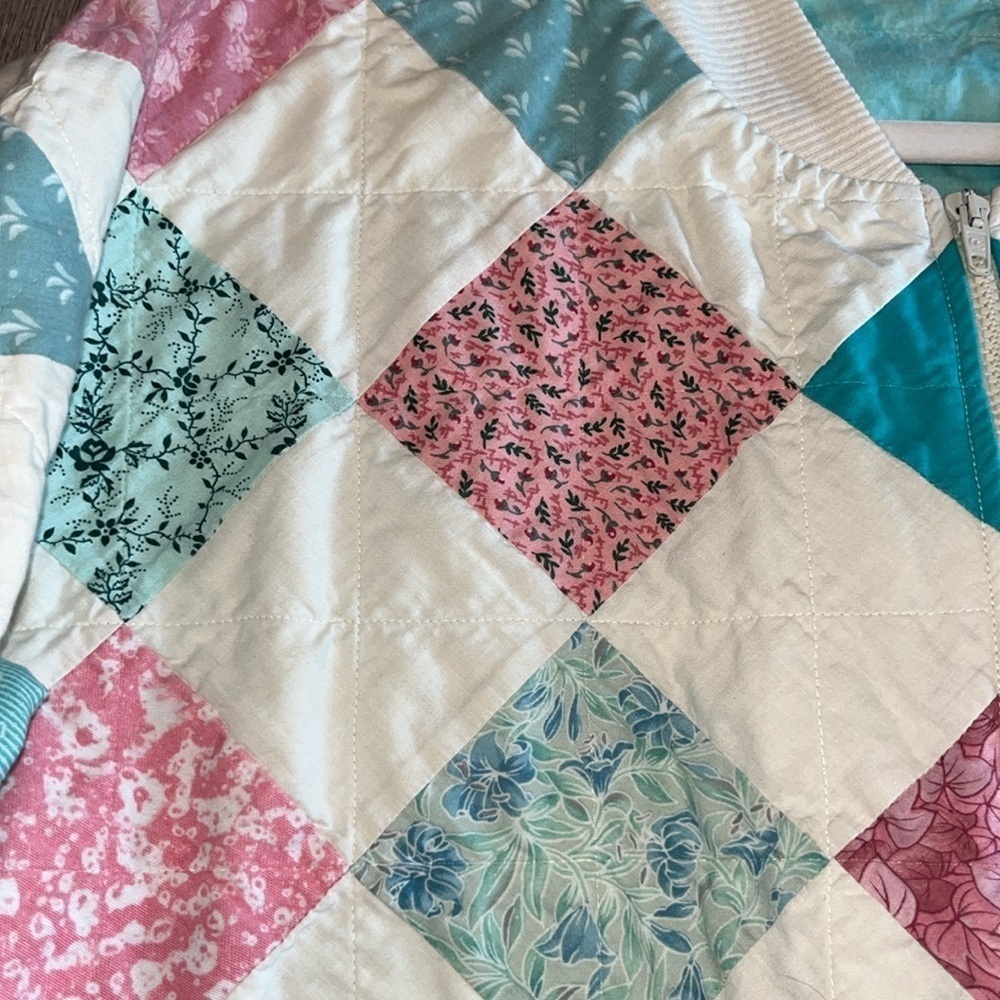 Vintage boho folk grandma quilt square pink teal patchwork zip jacket XL XXL - Picture 10 of 14